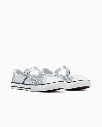 Chuck Taylor All Star Dainty Mary Jane Disco Glitter Easy On Barely Grey/White/Black, Top and Side View