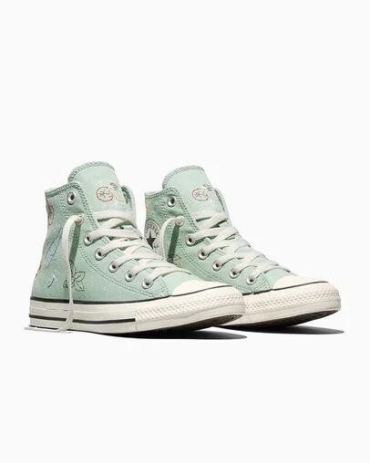 Chuck Taylor All Star Embroidered Market Essentials Thyme Again Green/Gold Palm/Very Peri Purple, Top and Side View