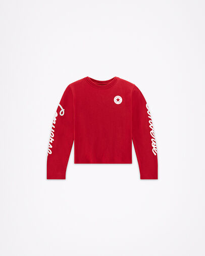 Script Boxy Crew Neck Long Sleeve Enamel Red, Front View