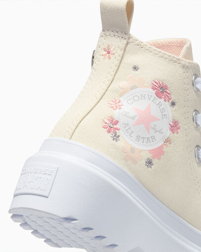 Chuck Taylor All Star Lugged Lift Platform Flowers Easy On Egret/White/Pink Phase, Detail Angle View