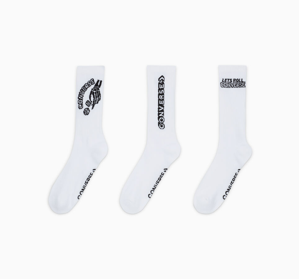 3-Pack Let's Roll Graphic Crew Socks White