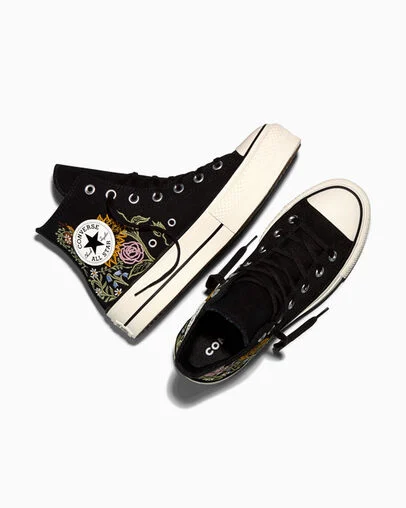 Chuck Taylor All Star Lift Platform Embroidered Florals Black/Vintage White/Black, Angled View