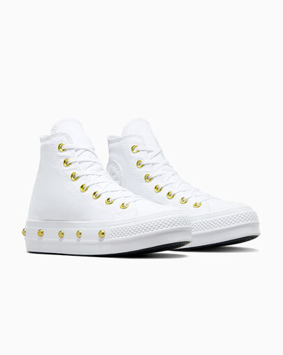 Chuck Taylor All Star Lift Platform Star Studded White/White/Gold, Top and Side View
