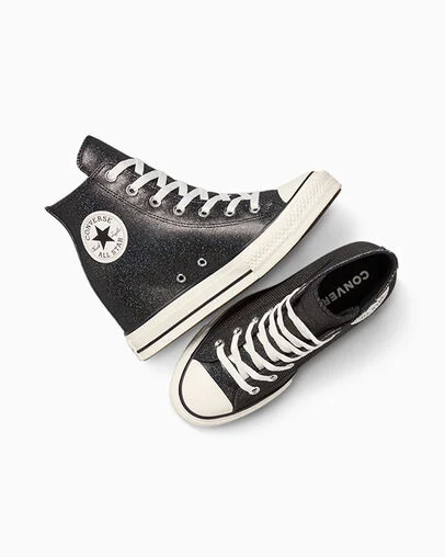 Chuck Taylor All Star Wedge Platform Sparkle Black/Egret/Black, Angled View