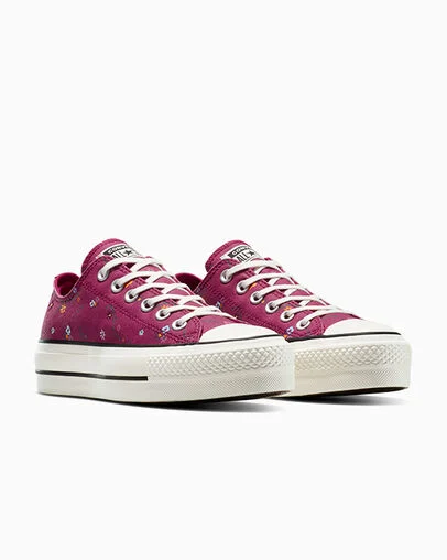 Chuck Taylor All Star Lift Platform Embroidered Floral Patchwork Sporty Berry/Vintage White, Top and Side View