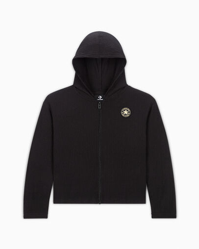 Full-Zip Rib Knit Hoodie Black, Front View