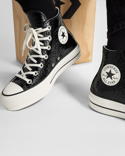 Chuck Taylor All Star Lift Platform Crinkled Leather Black/Egret/Black, Reflective View