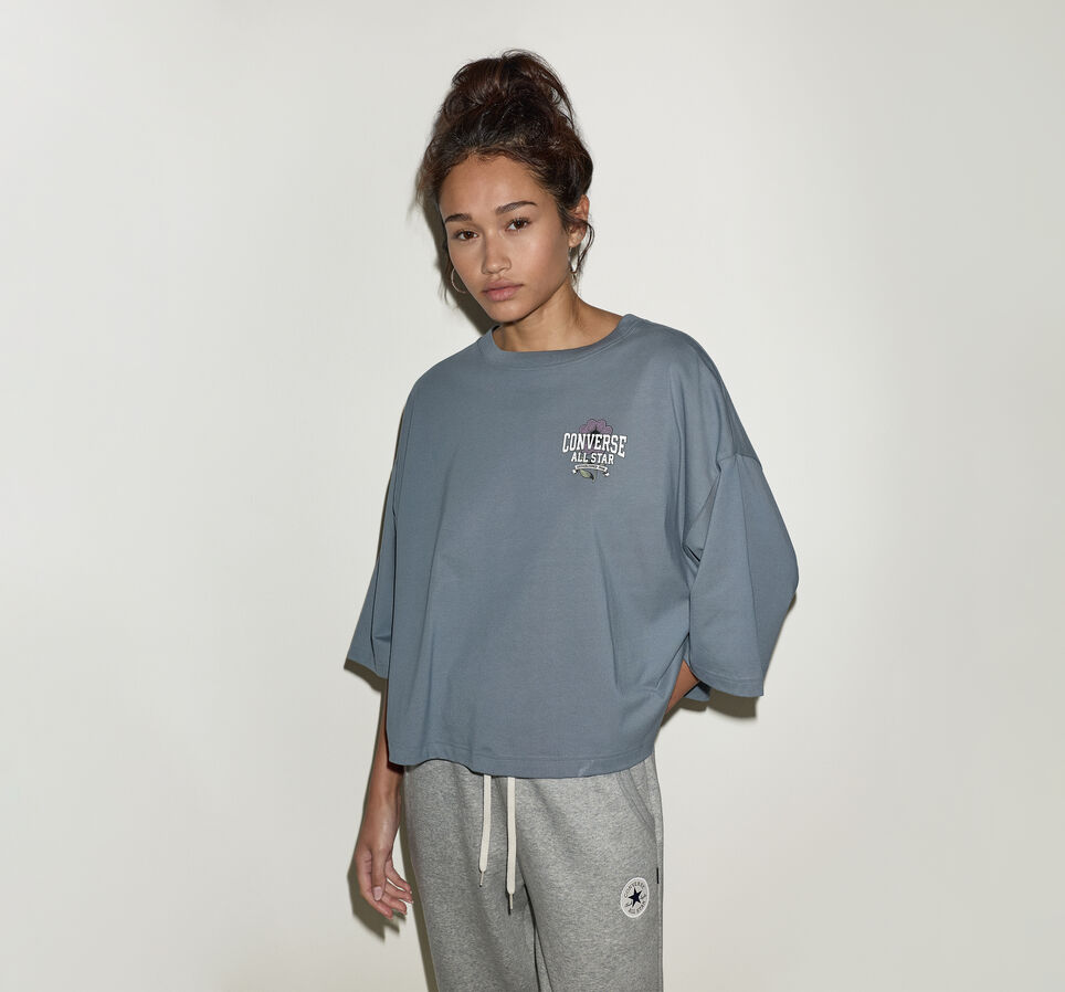 Floral Emblem Short-Sleeve Relaxed T-Shirt Grey New World