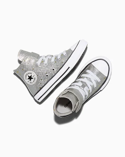 Chuck Taylor All Star Easy-On Glitter & Sequins Light Grey/Gold/Silver, Angled View