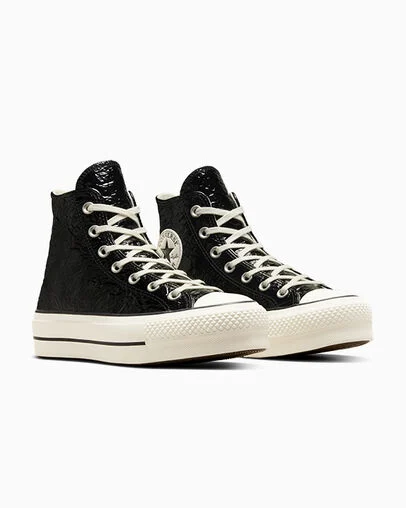 Chuck Taylor All Star Lift Platform Crinkled Leather Black/Egret/Black, Top and Side View