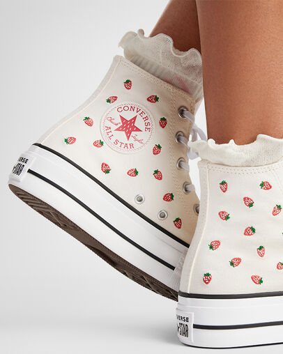 Chuck Taylor All Star Lift Platform Embroidered Strawberries Egret/Soft Red/White, Reflective View