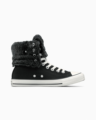 Chuck Taylor All Star Fold Over XHi Faux Fur Black/Black/Egret, Outer Side View