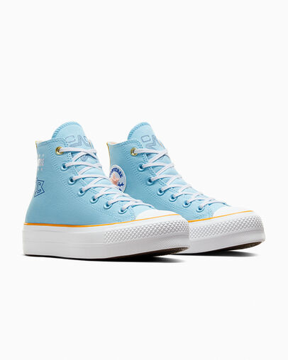 Chuck Taylor All Star Lift Platform Camp Converse True Sky/White/Yellow, Top and Side View