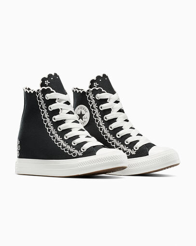 Chuck Taylor All Star Wedge Platform Embroidered Flowers Black/Vintage White/Pale Petal, Top and Side View