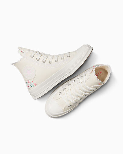 Chuck 70 Embroidered Egret/Watermelon Pink, Angled View