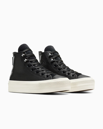 Chuck Taylor All Star Lift Platform Water Repellent Leather Black/Black/Egret, Top and Side View