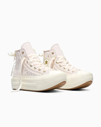 Chuck Taylor All Star Lift Double Stack Platform Dainty Florals Shy Flamingo/Egret/Gum, Top and Side View