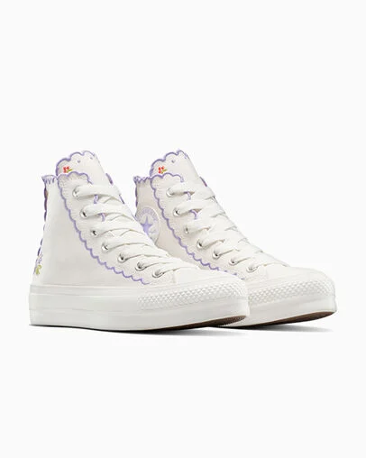 Chuck Taylor All Star Lift Platform Embroidered Flowers Vintage White/Violet Heat, Top and Side View