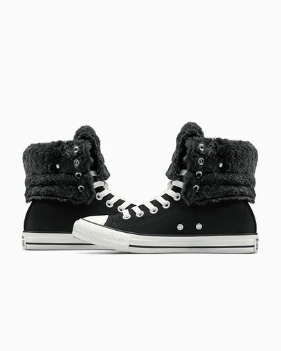 Chuck Taylor All Star Fold Over XHi Faux Fur Black/Black/Egret, Detail Angle View