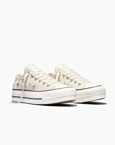 Chuck Taylor All Star Lift Platform Sequin Flowers Vintage White/Barely Grey, Top and Side View