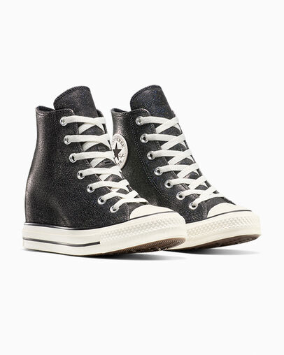 Chuck Taylor All Star Wedge Platform Sparkle Black/Egret/Black, Top and Side View
