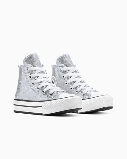 Chuck Taylor All Star Lift Platform Disco Glitter Silver/White/Barely Grey, Top and Side View