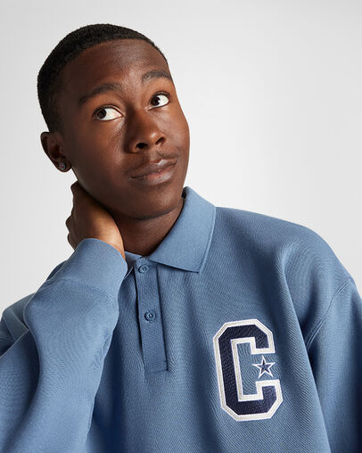 Premium Collared Crew Sweatshirt Lakeside Blue, Detail View