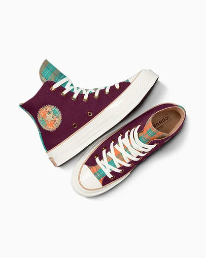 Chuck 70 Canvas & Plaid Deep Bordeaux/Egret, Angled View