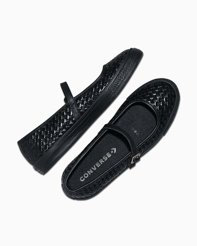 Chuck Taylor All Star Dainty Mary Jane Woven Leather Black/Black/Black, Angled View