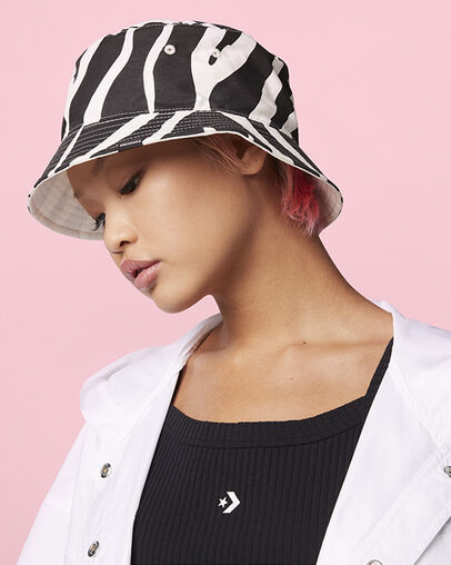 Reversible Zebra Bucket Hat Black/Egret Zebra, Front View