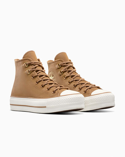Chuck Taylor All Star Lift Platform Glam Leather Incensed/Egret/Gold, Top and Side View