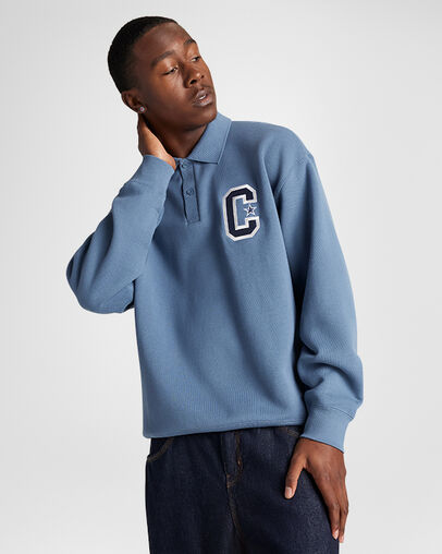 Premium Collared Crew Sweatshirt Lakeside Blue, Front View