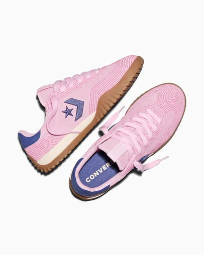 Run Star Trainer Stitched Suede New Found Bloom Pink/ Pink/Indigo Storm, Angled View