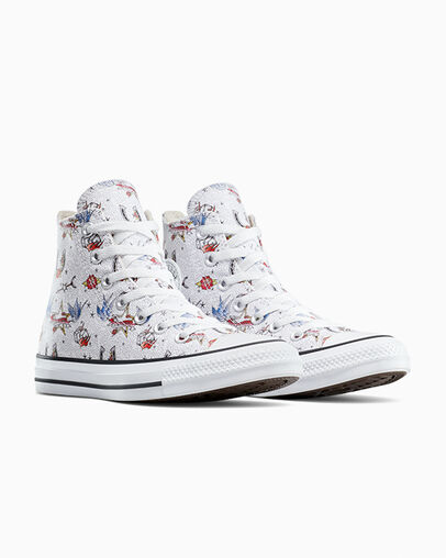 Chuck Taylor All Star Tattoos White/Black/Fire Drill, Top and Side View