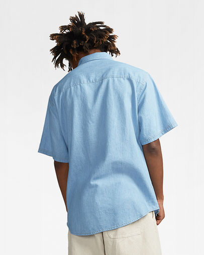 Twill Denim Chambray Short Sleeve Shirt Light Retro Blue, Full Body View