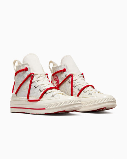 Chuck 70 Lunar New Year Double Lace Egret/Red/Cloudy Daze Grey, Top and Side View