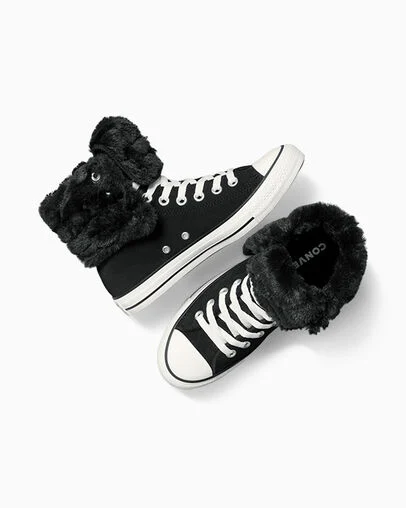Chuck Taylor All Star Fold Over XHi Faux Fur Black/Black/Egret, Angled View