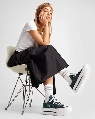 Chuck Taylor All Star Lift Double Stack Platform Plaid Navy/Black/Branch Out, On Foot Shot 2