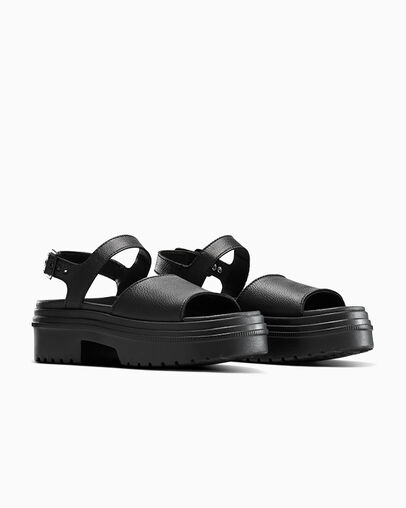 Converse Chuck Taylor All Star Lugged Heel Sandal Leather Black/Black/Black, Top and Side View