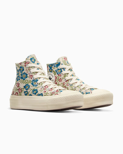 Chuck Taylor All Star Lift Platform Floral Tapestry Egret/Natural Ivory/Black, Top and Side View