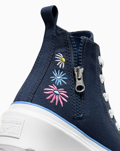 Chuck Taylor All Star Lugged Lift Platform Easy-On Floral Embroidery Navy/Lt Blue /White, Detail Angle View