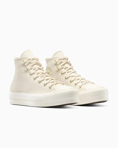 Chuck Taylor All Star Lift Platform Glam Leather Light Dune/Light Dune/Egret, Top and Side View