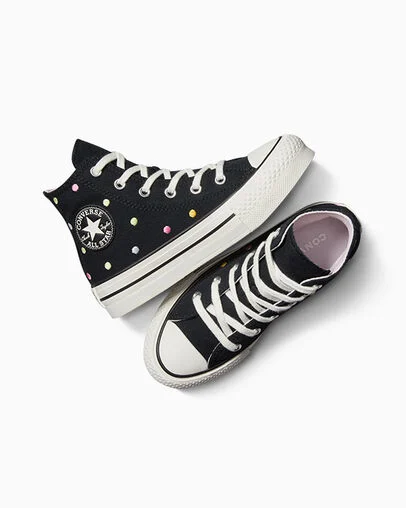 Chuck Taylor All Star Lift Embroidered Polka Dots Platform Black/Vintage White/Egret, Angled View