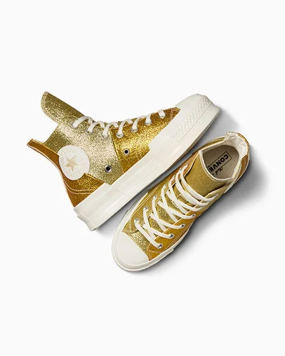 Chuck 70 Plus Glitter Vintage White/Dark Gold, Angled View