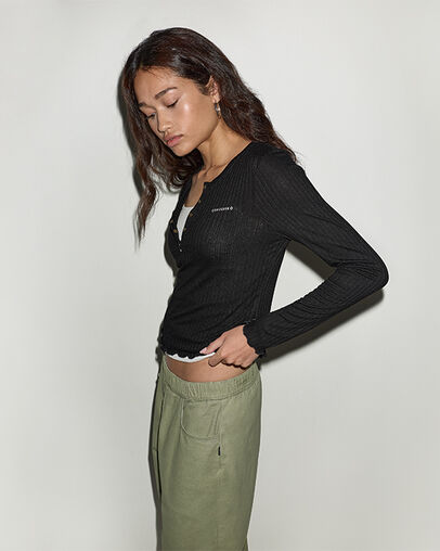 Pointelle Henley Long-Sleeve T-Shirt Converse Black, Back View