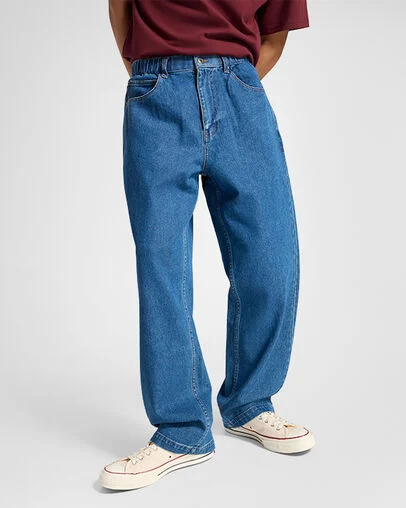 Open Hem Baggy Denim Pants Med. Light Indigo, Front View