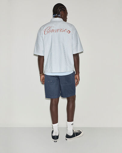Script Chevron Short-Sleeve Oxford Shirt Crispy Cobalt Multi, Detail View
