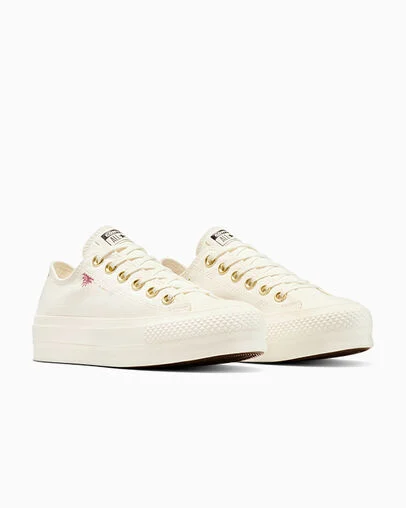 Chuck Taylor All Star Lift Platform Cosmic Embroidery Egret/Egret/Egret, Top and Side View