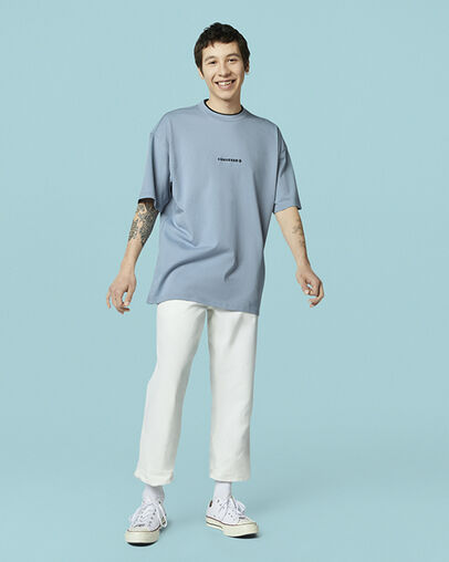 Wordmark Ribbed Neck Tee Blue Slate, Full Body View