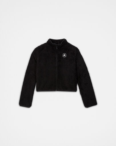 Cropped Sparkle Sherpa Chuck Taylor Patch Full Zip Black, Front View
